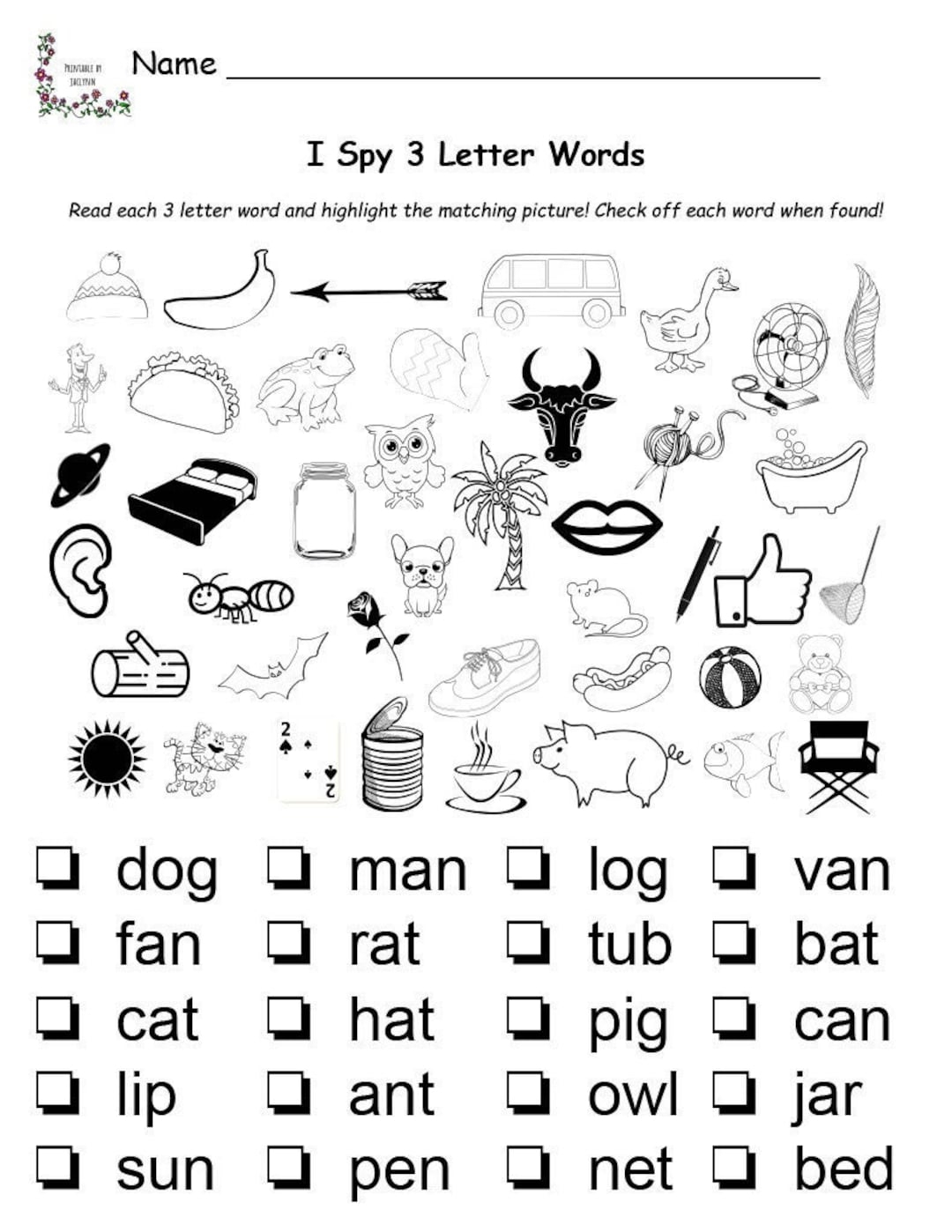 I Spy 3 Letter Words Printable Worksheet Match Words To Pictures 