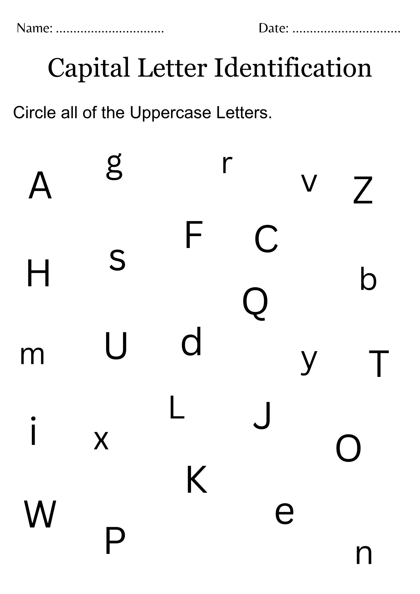Identifying Capital And Lowercase Letters Activities Worksheet Teaching Resources