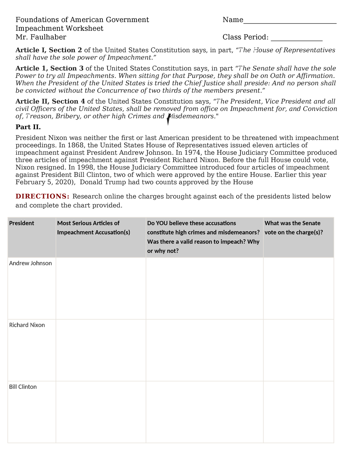 Impeachment Worksheet Foundations Of American Government Worksheets Library