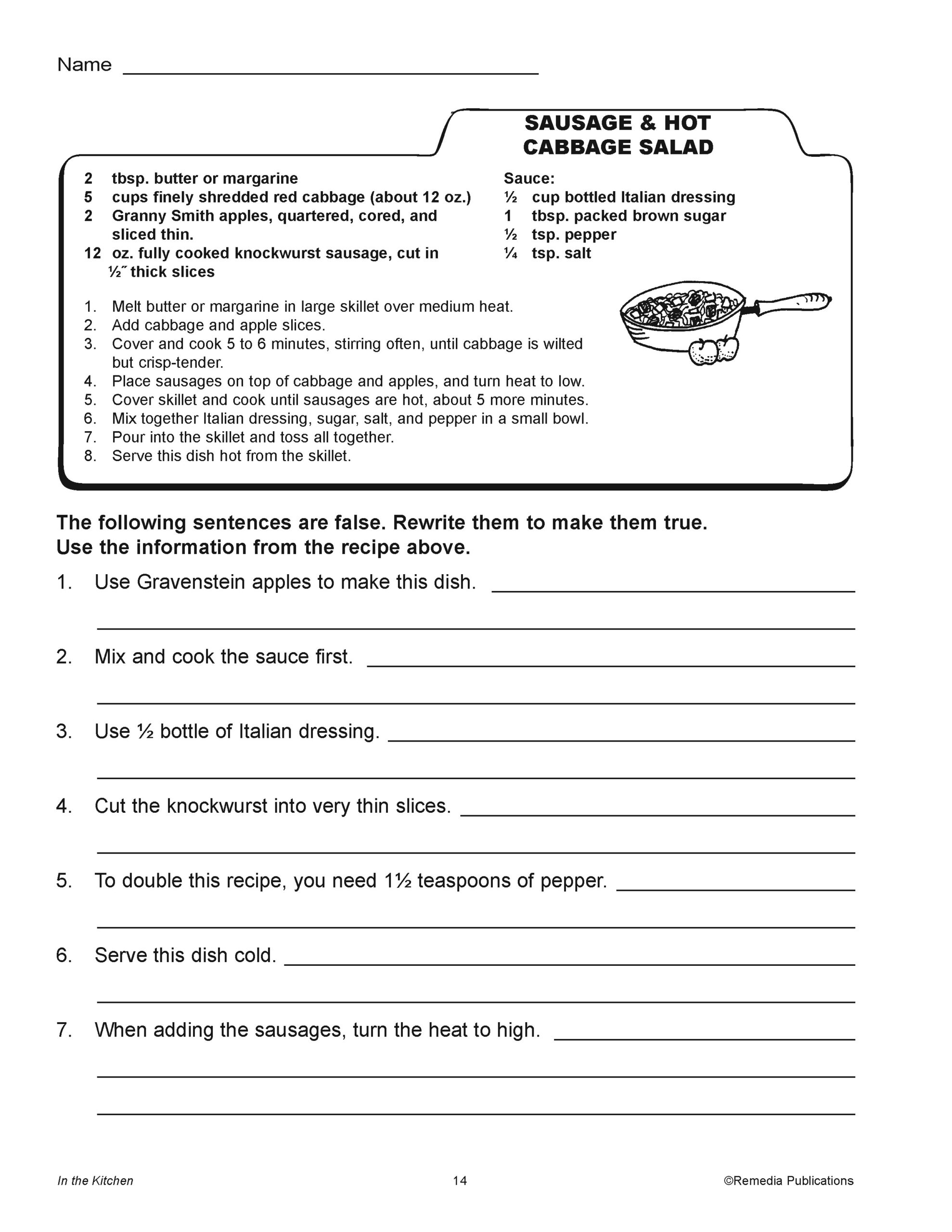 Cooking Reading Comprehension Worksheets