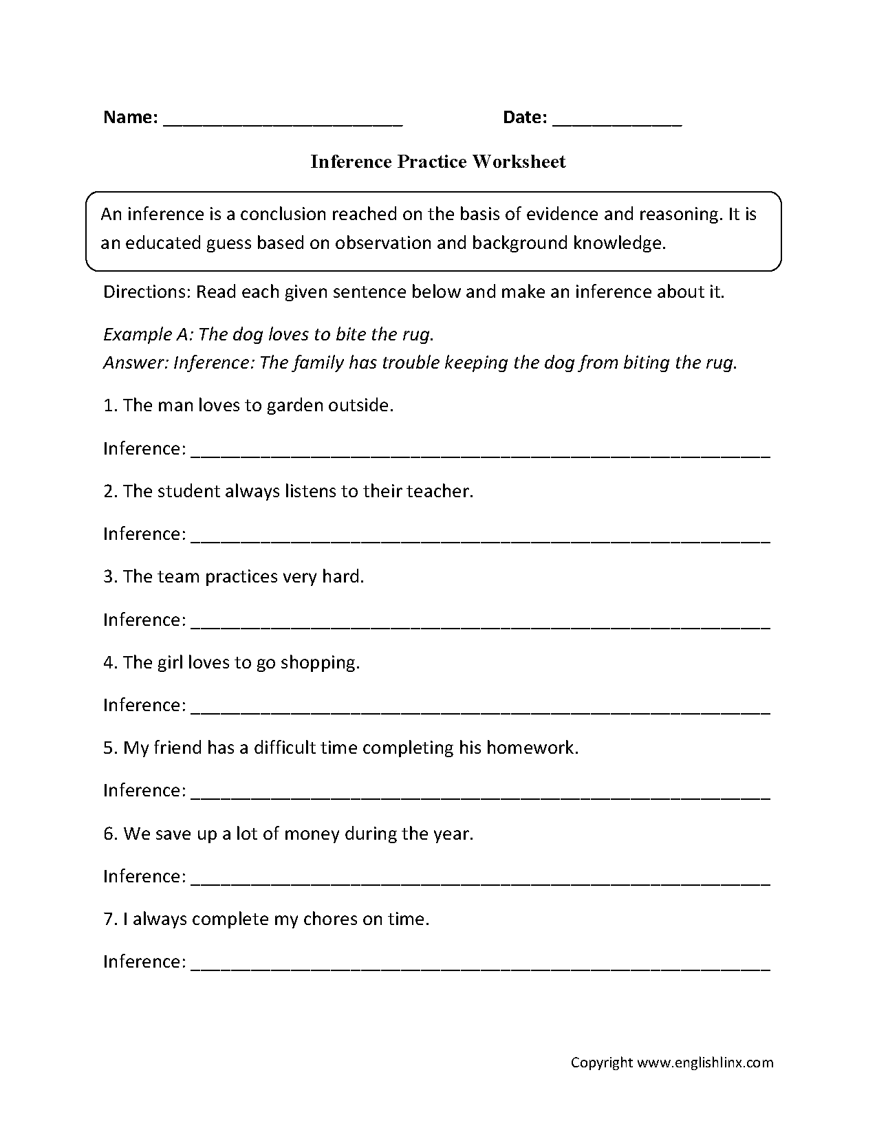 Inference Worksheets Inference Practice Worksheet