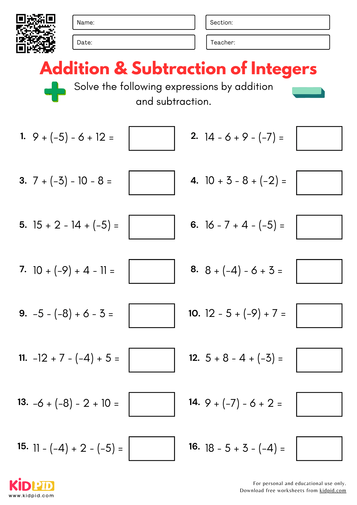 Integers Worksheet For Grade 5 Kidpid