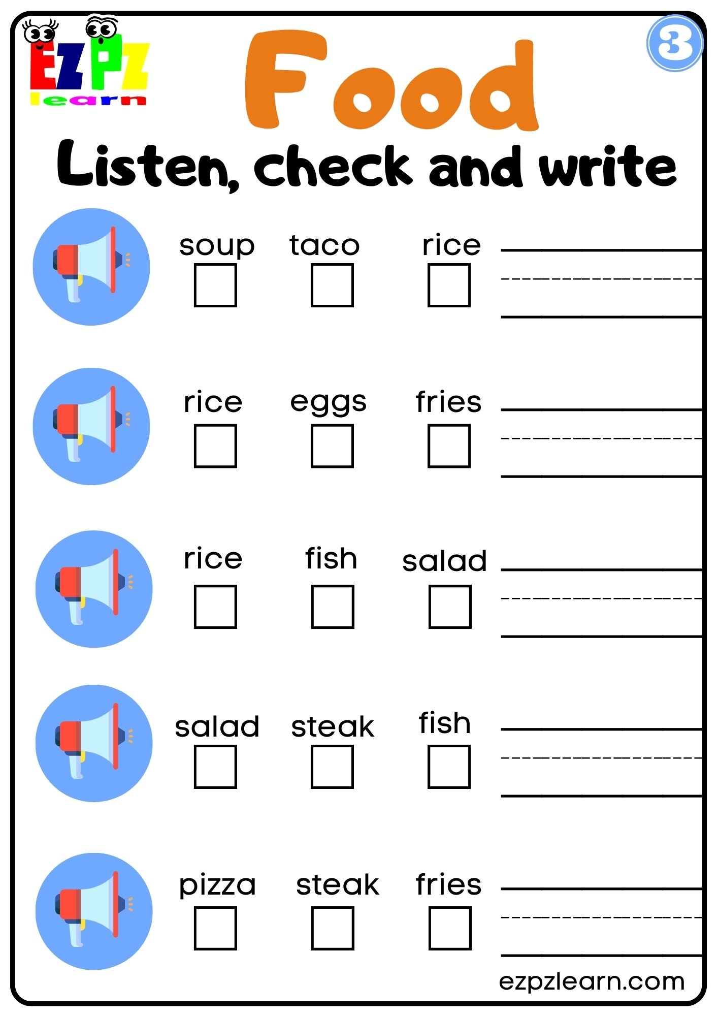 Interactive Food Worksheet Listen Check And Write Activity For ESL Vocabulary Group 3 Ezpzlearn Interactive Food Worksheet Listen Check And Write Activity For ESL Vocabulary Group 3 Ezpzlearn