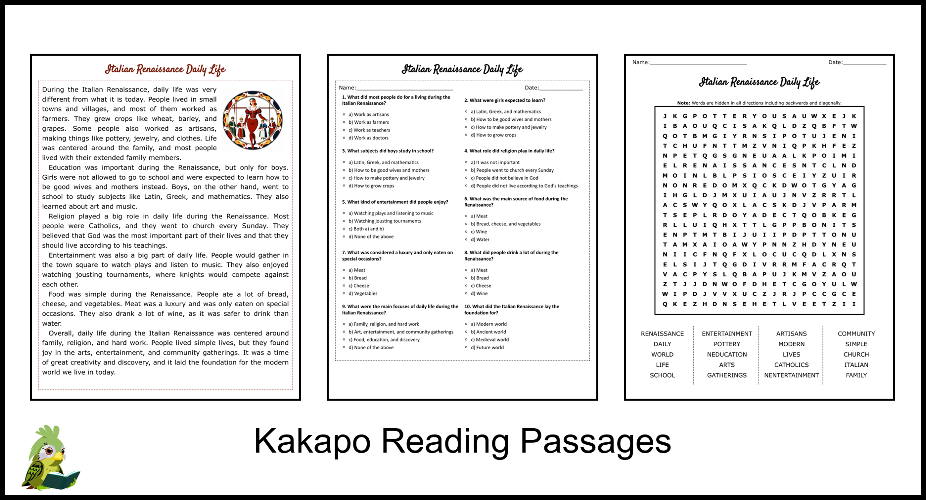 Italian Renaissance Daily Life Reading Comprehension And Word Search Teaching Resources