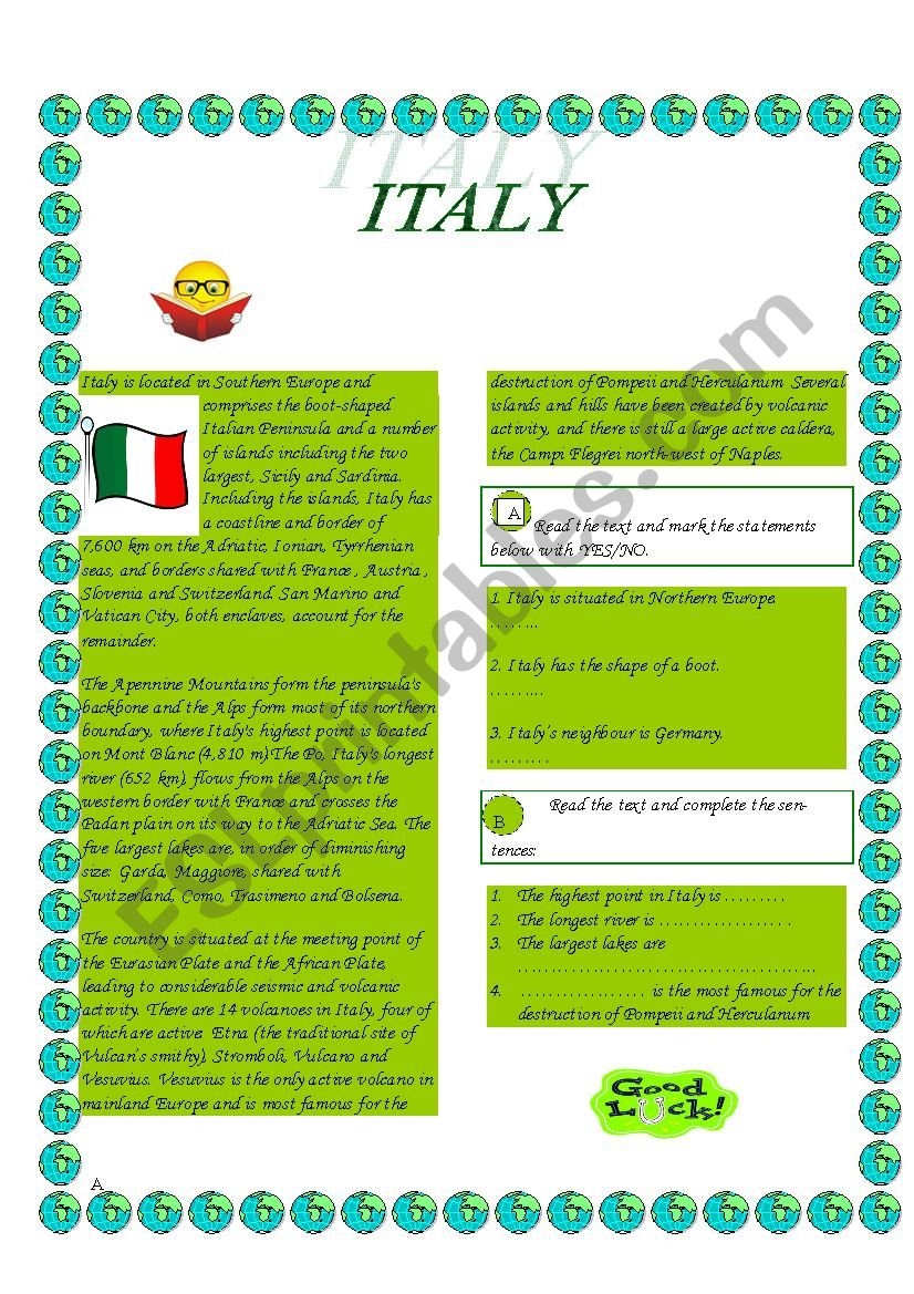 Italy reading Comprehension The Superlative Of Adjectives ESL Worksheet By Vero76ro