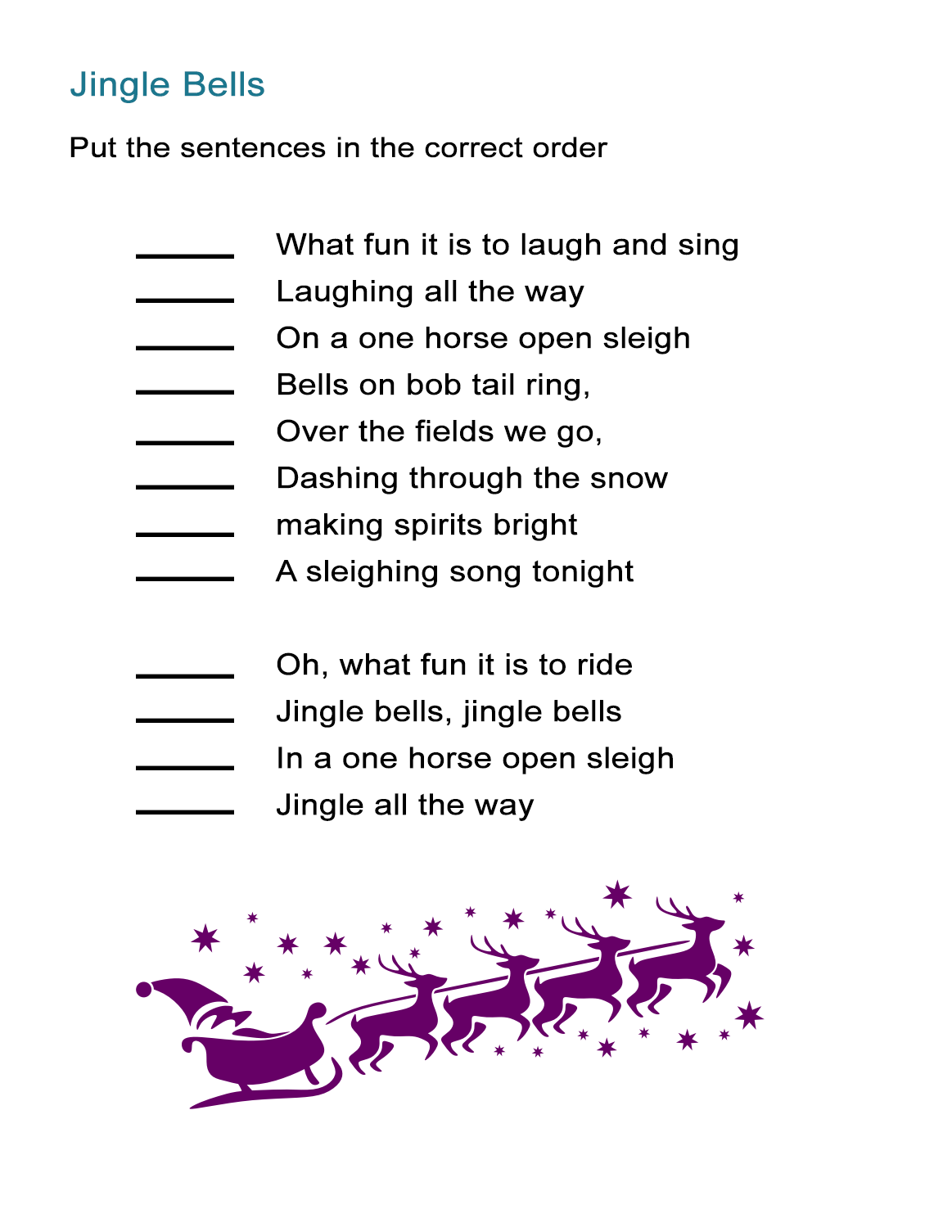 Jingle Bells For Kids Worksheet Re order The Song Lyrics Activity ALL ESL