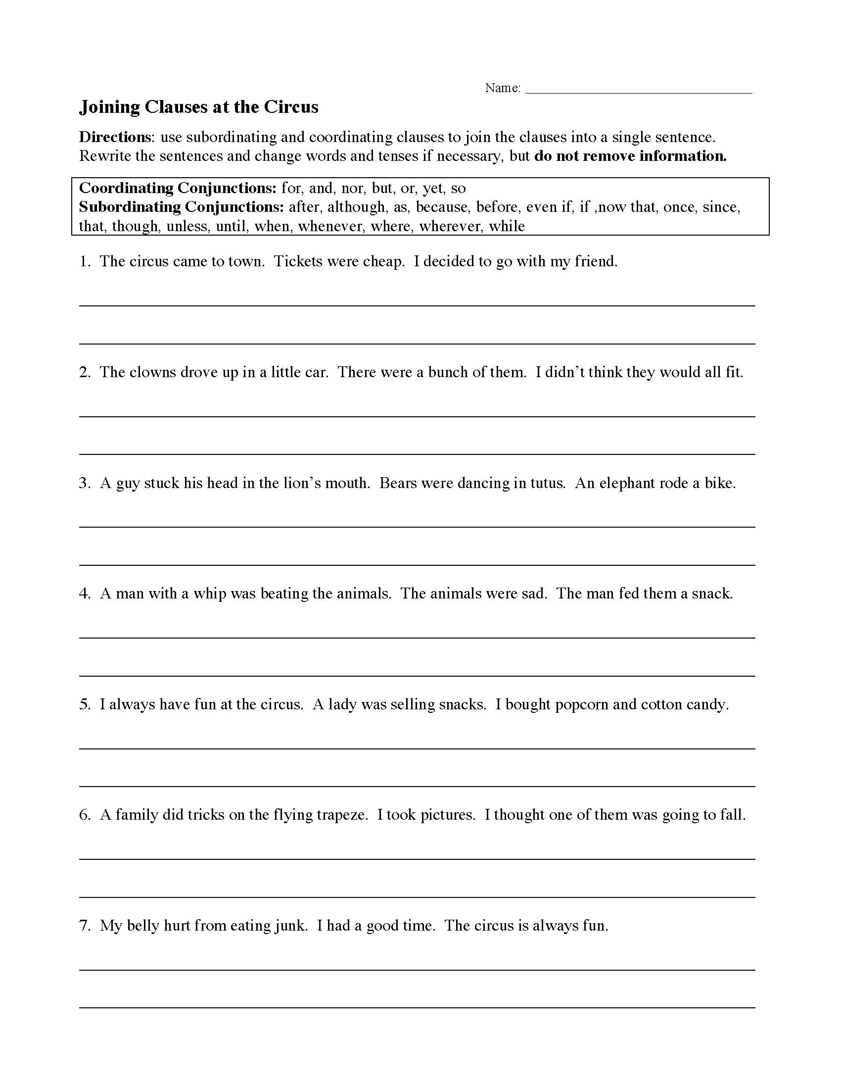 Joining Clauses At The Circus Worksheet Sentence Structure Activity Joining Clauses At The Circus Worksheet Sentence Structure Activity