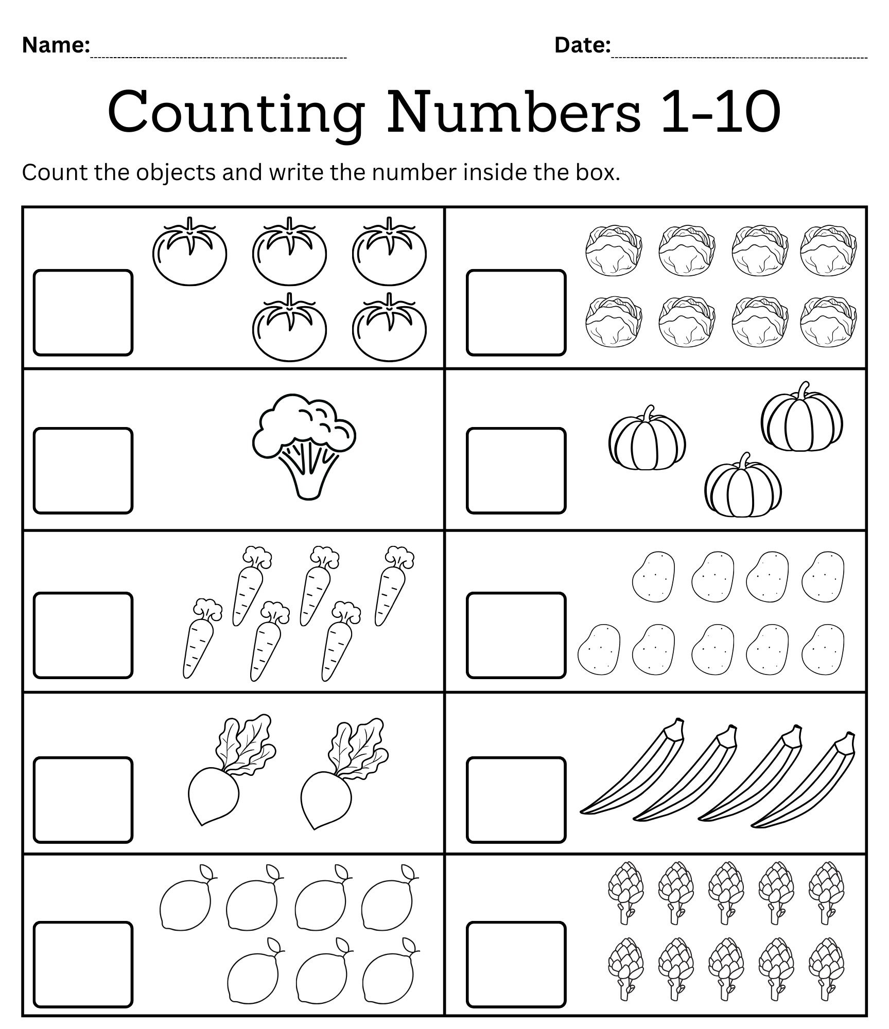 Kindergarten Math Counting Objects Worksheets 1 10 Black And White 