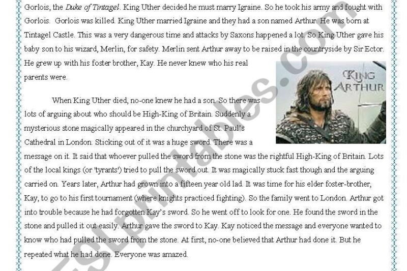 King Arthur Reading Comprehension Worksheets