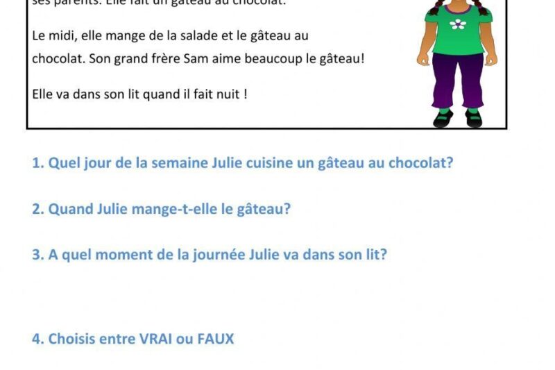 French Reading Comprehension Worksheets Grade 7
