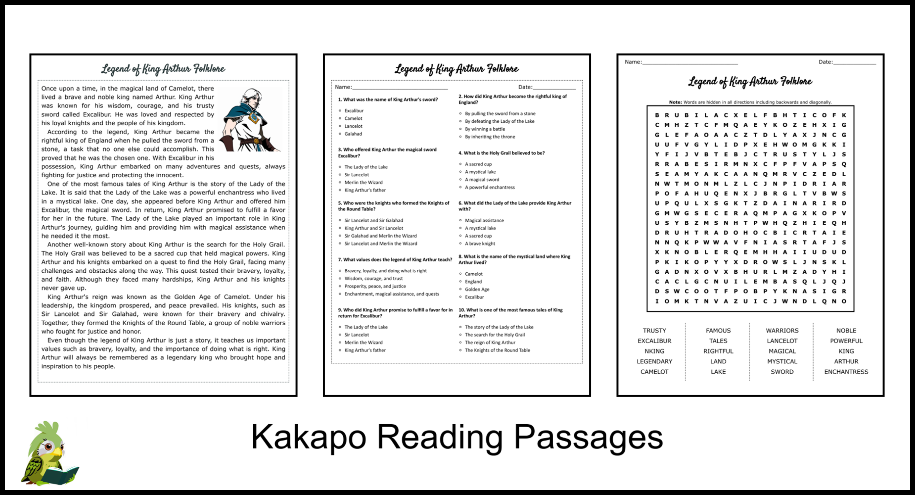 Legend Of King Arthur Folklore Reading Comprehension And Word Search Teaching Resources