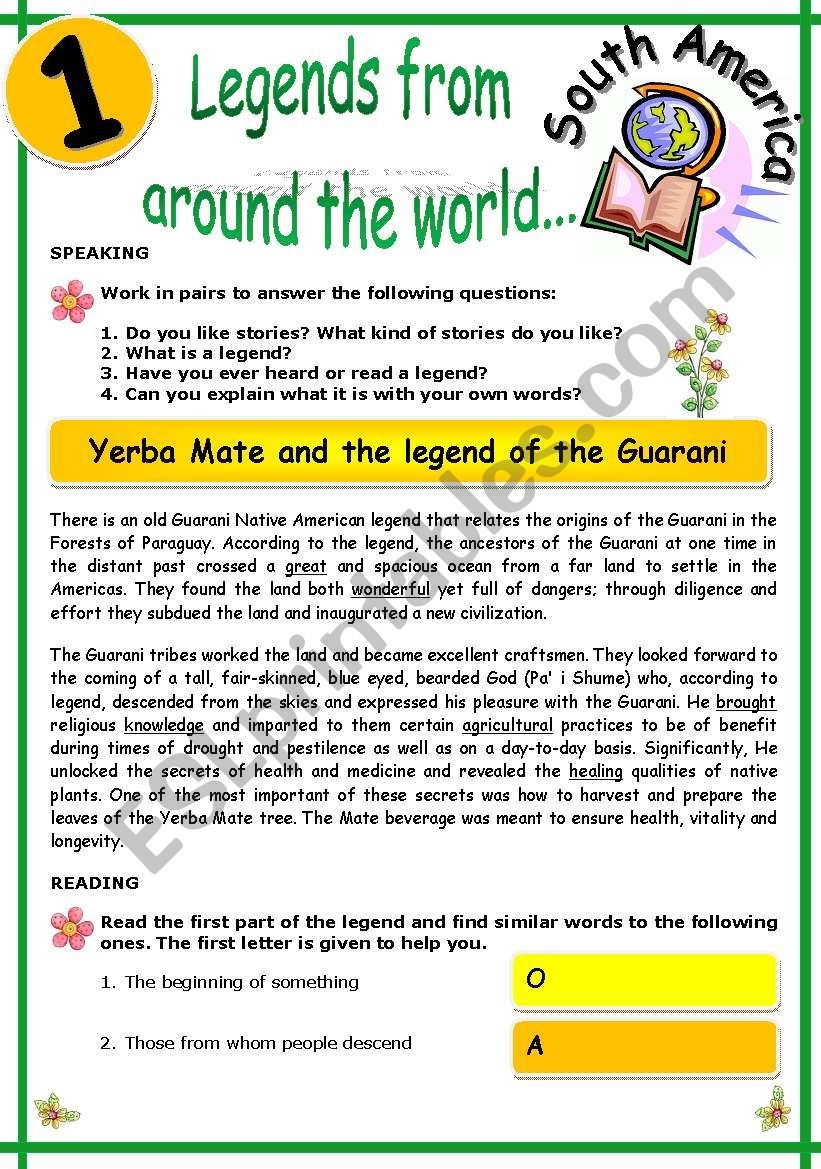 LEGENDS FROM AROUND THE WORLD SERIES 1 ESL Worksheet By Tricia973