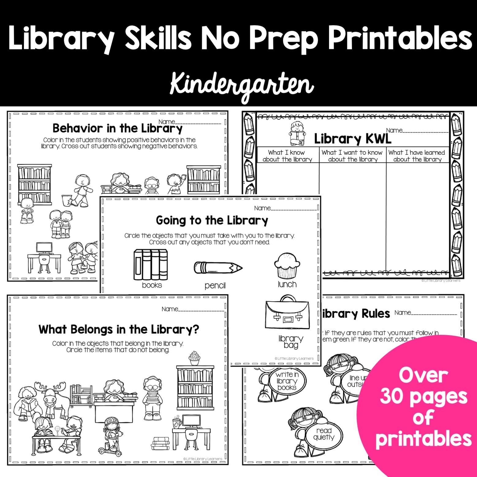 Library Skills No Prep Printables Kindergarten Worksheets Library