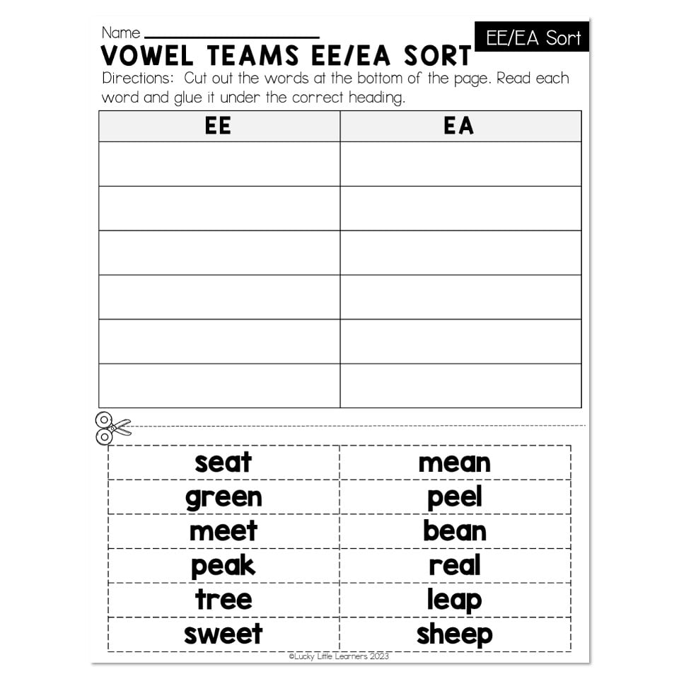 Lucky To Learn Phonics Vowel Teams Long E EE EA Word Sort Lucky Little Learners