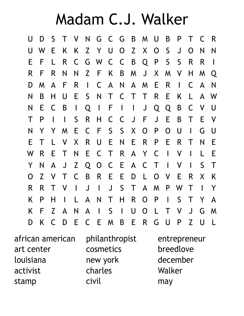 Madam C J Walker Word Search WordMint