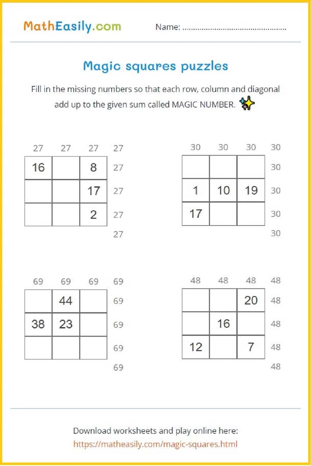 Magic Squares Puzzles ONLINE Worksheets Magic Squares Puzzles ONLINE Worksheets