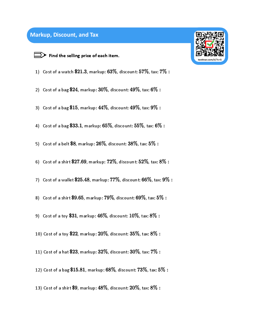 Markup Discount And Tax Worksheets