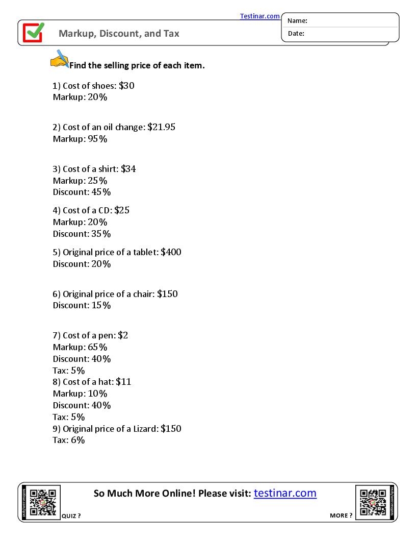 Markup Discount And Tax Worksheets