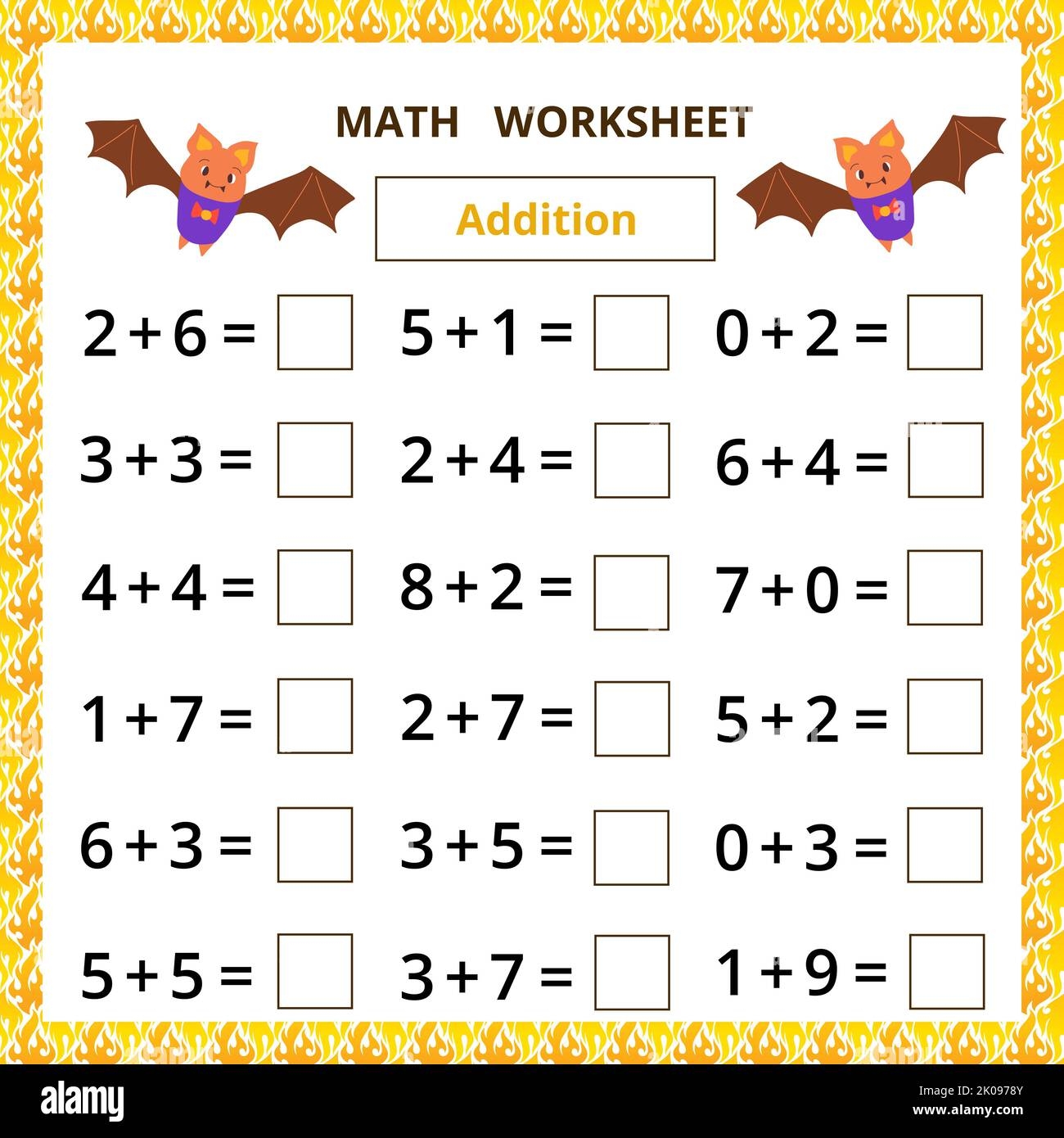 Math Worksheet Addition Educational Card With Cartoon Bat For