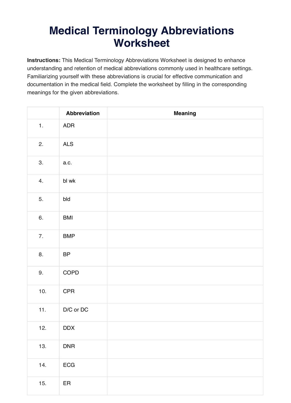 Medical Terminology Abbreviations Worksheet U0026 Example Free PDF 