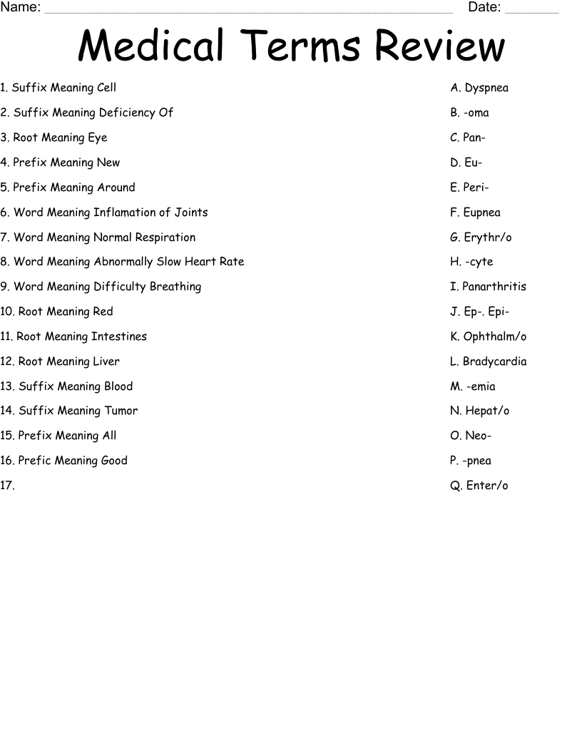 Medical Terms Review Worksheet WordMint