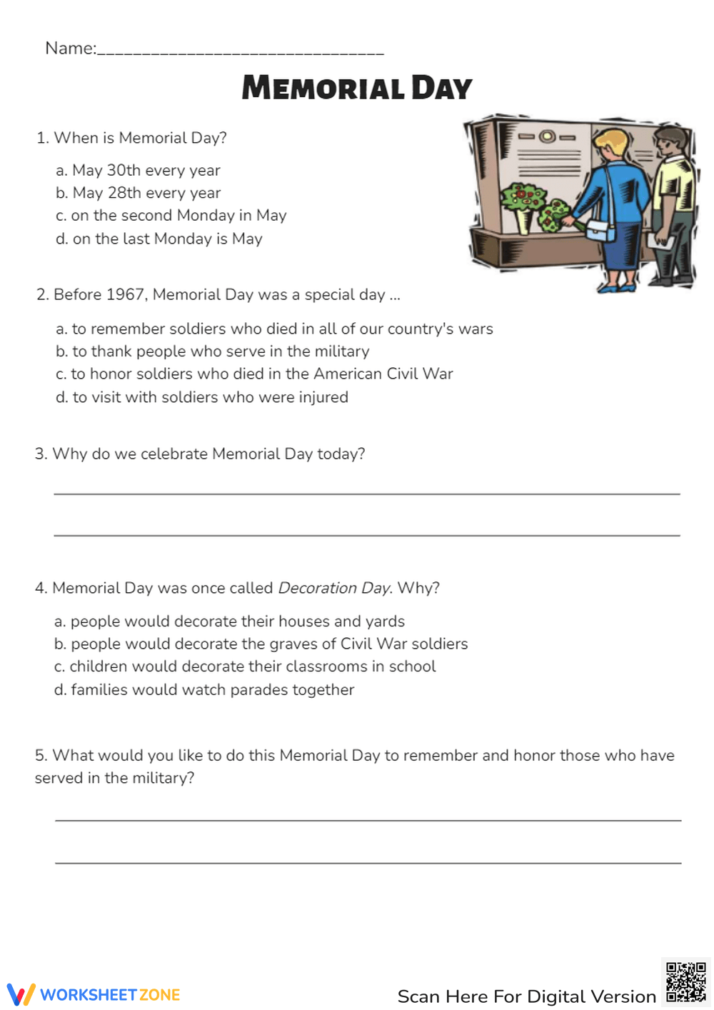 Free Memorial Day Reading Comprehension Worksheets