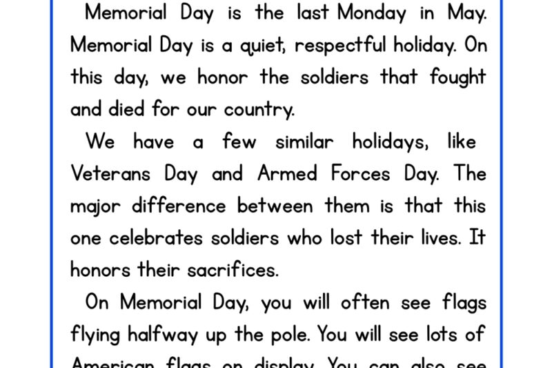 Free Memorial Day Reading Comprehension Worksheets