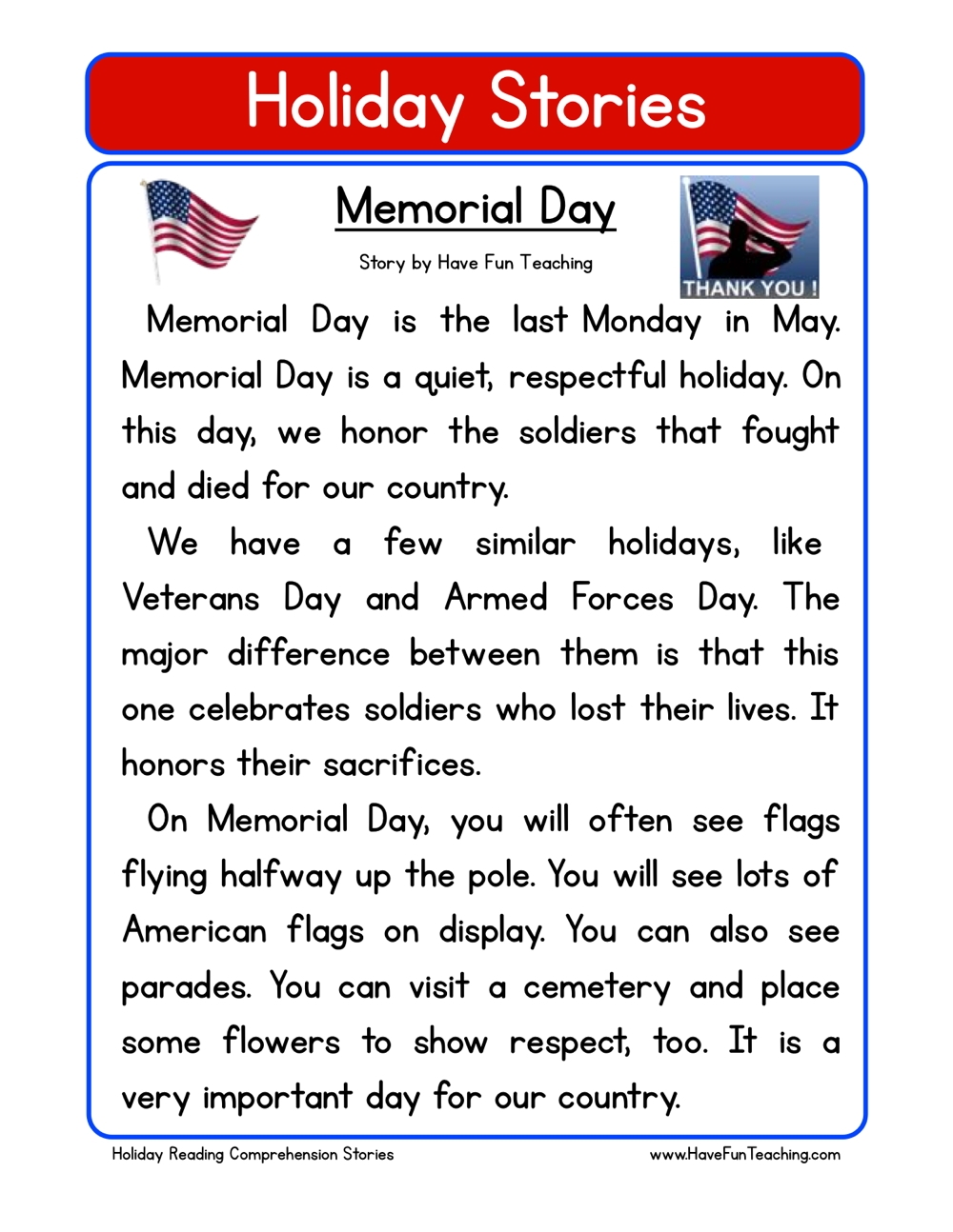 Memorial Day Reading Comprehension Worksheet Have Fun Teaching