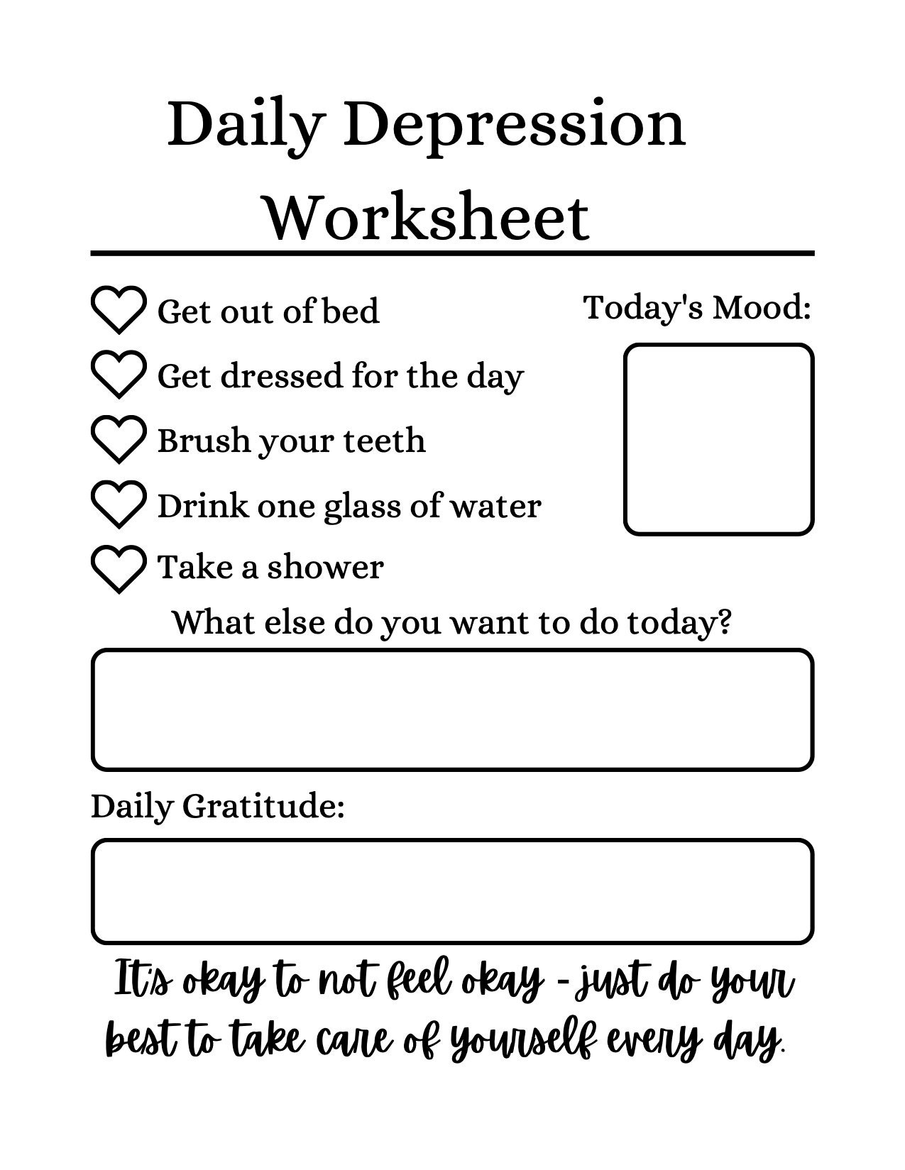Minimalist Daily Depression Checklist Worksheet Printable