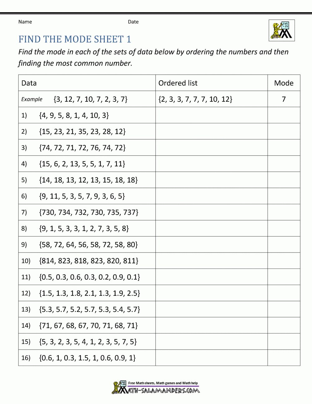 Mode And Range Worksheets Mode And Range Worksheets