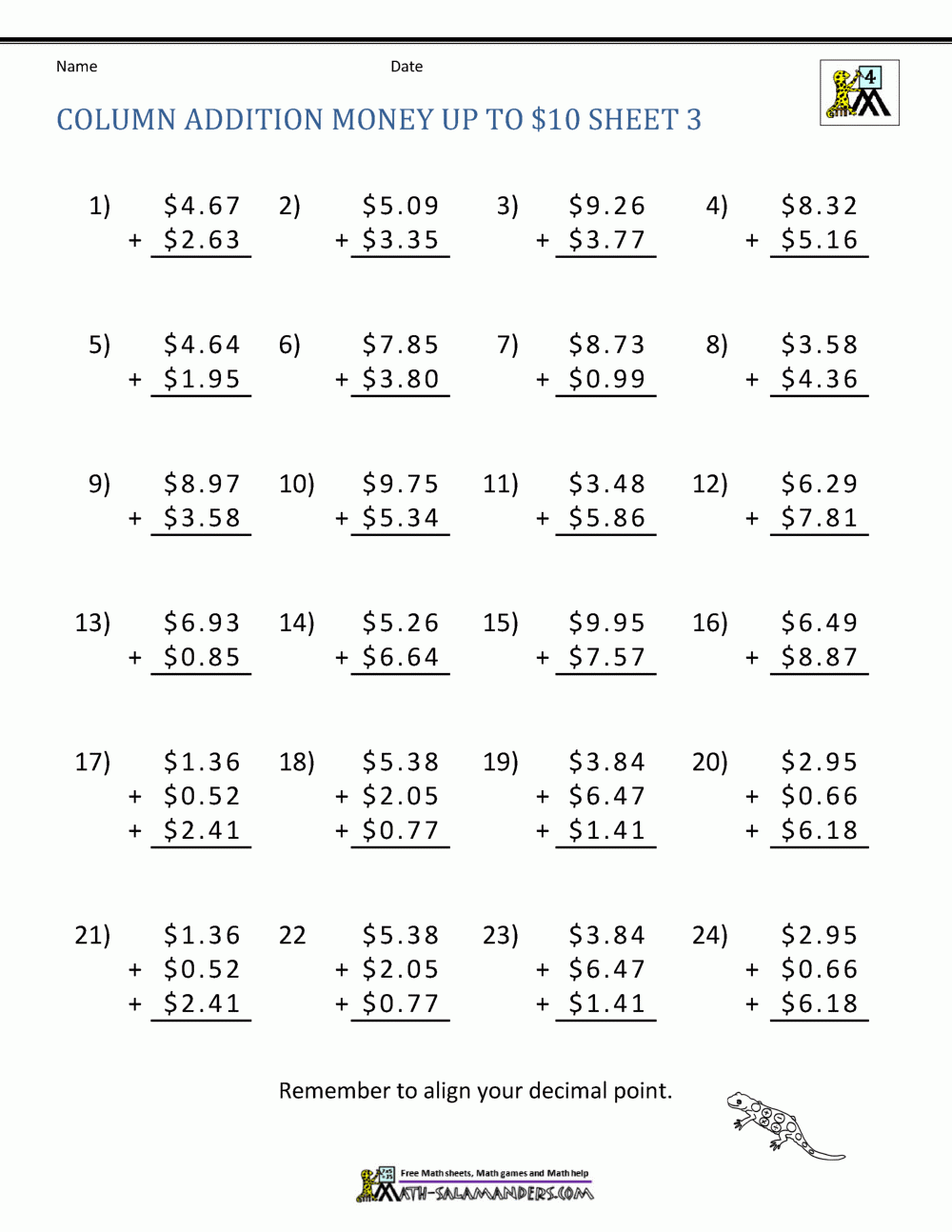 Money Addition Worksheet Collection 4th Grade