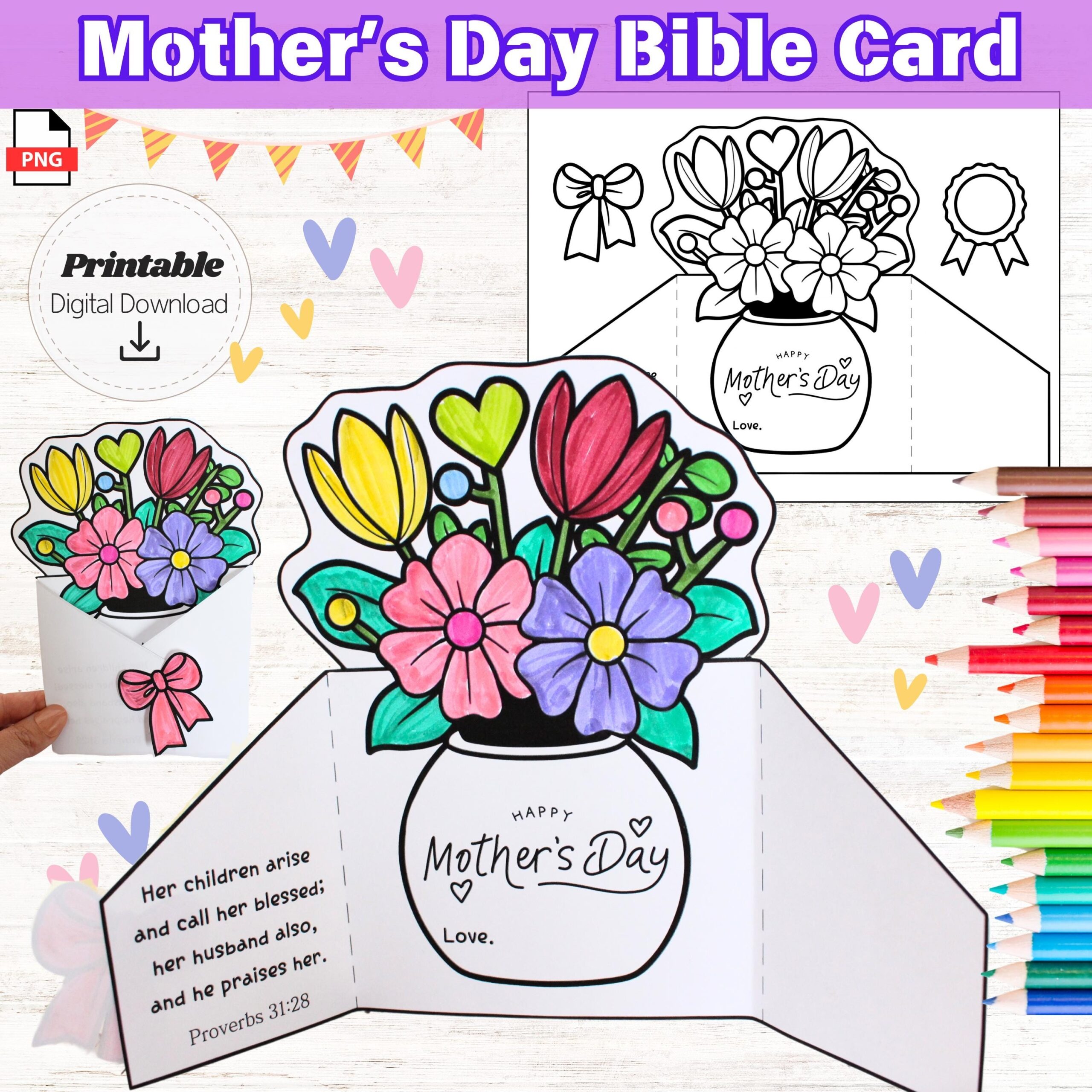 Mother s Day Bible Verse Card Printable Coloring Sunday School Foldable Flower Card For Kids Mothers Day Christian Kids Craft Proverbs 31 28