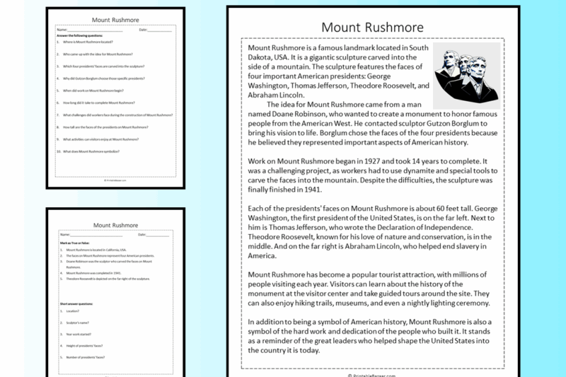 Reading Comprehension Worksheets On Mount Rushmore