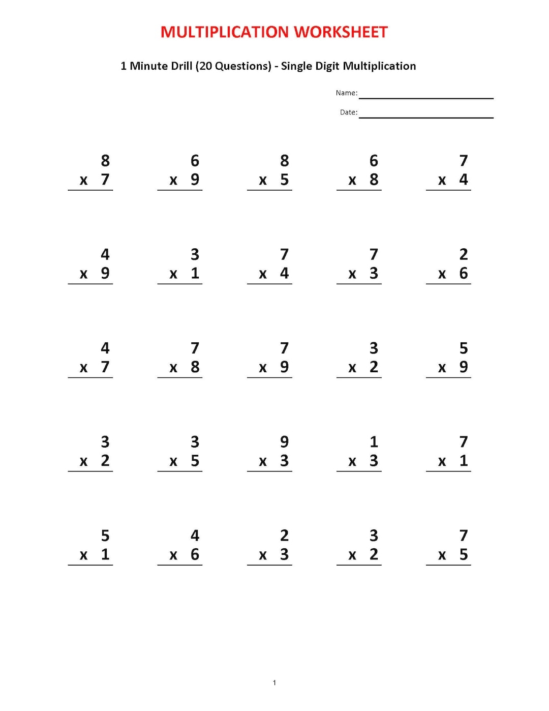 Multiplication 1 Minute Drill V 10 Math Worksheets With Answers Pdf Year 2 3 4 Grade 2 3 4 printable Worksheets Multiplication Test Etsy UK