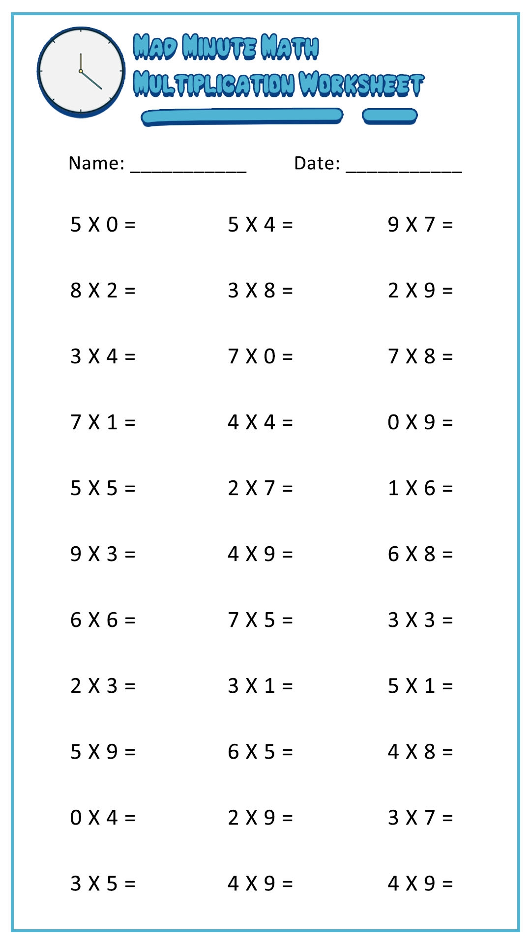 Multiplication Math Facts Worksheets One Minute Worksheets Library