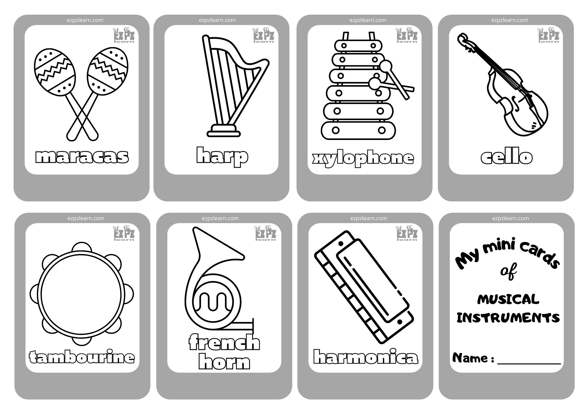 Musical Instruments 2 Mini Cards Coloring Ezpzlearn