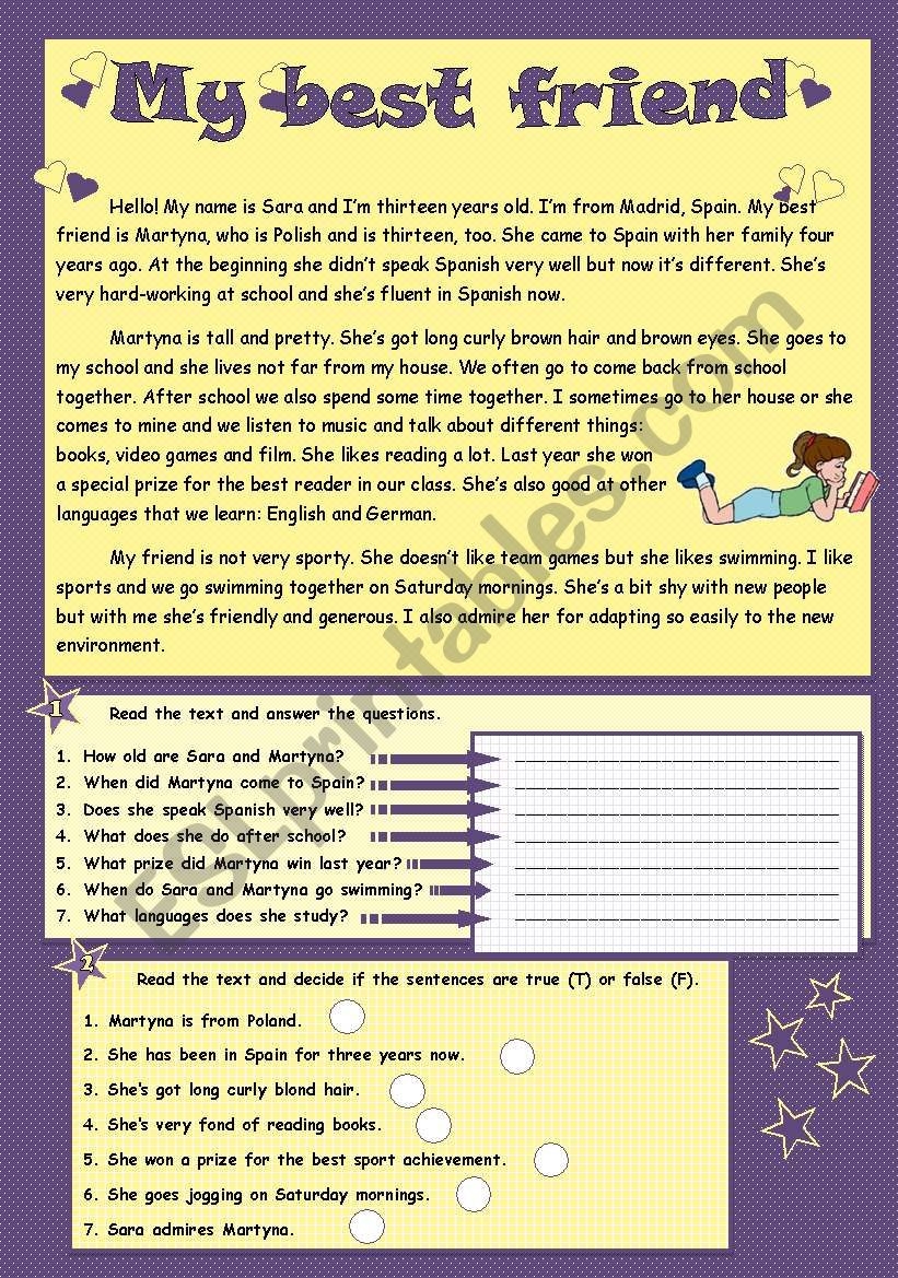 My Best Friend Reading Comprehension ESL Worksheet By Mada 1