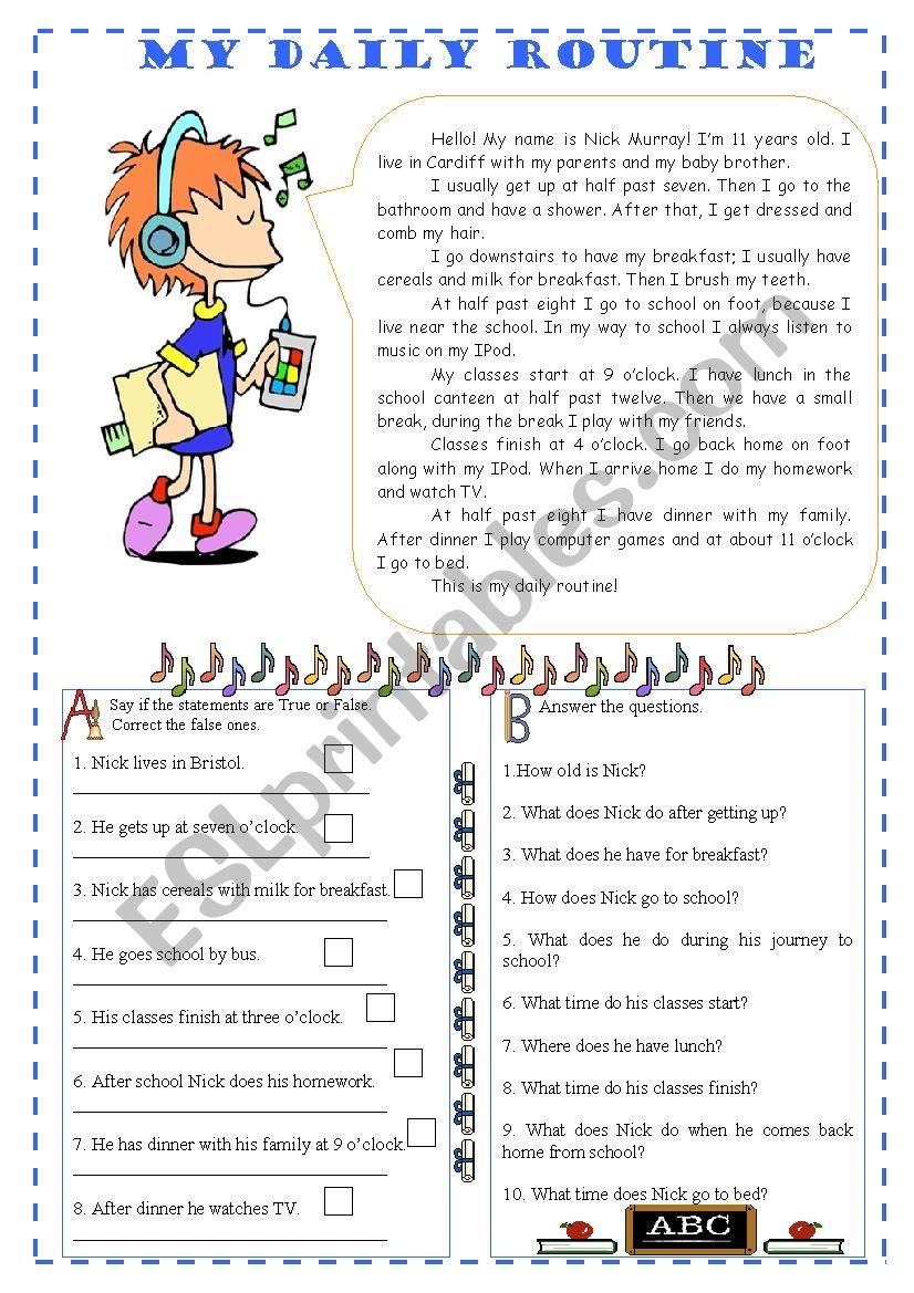Daily Routines Reading Comprehension Worksheets