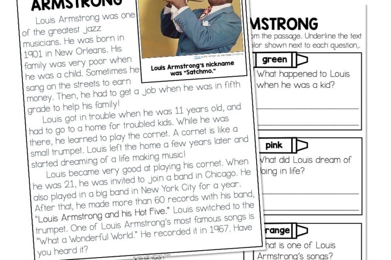 Louis Armstrong Reading Comprehension Worksheets