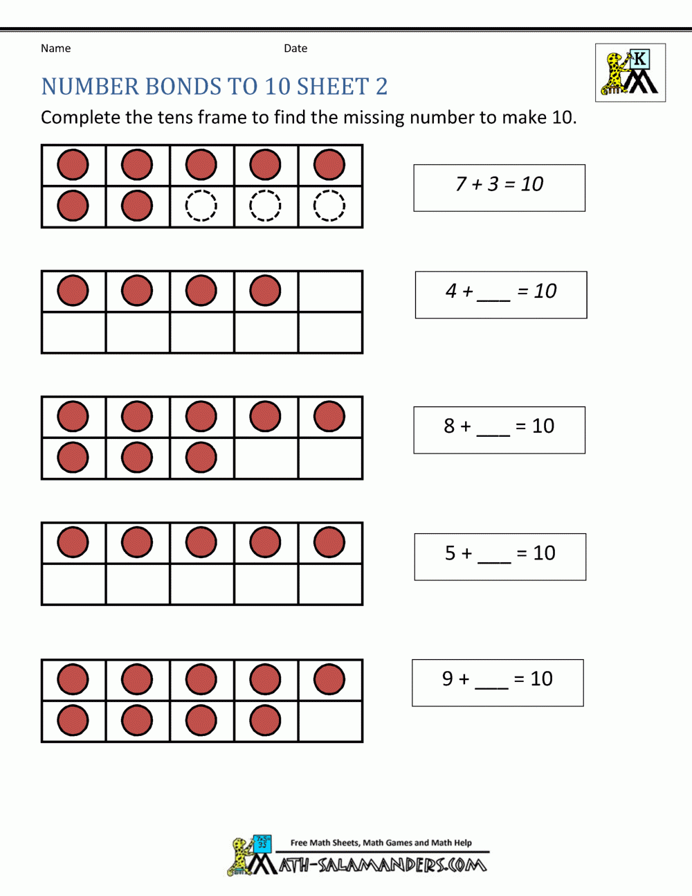 Free Number Bond Worksheets For Kindergarten