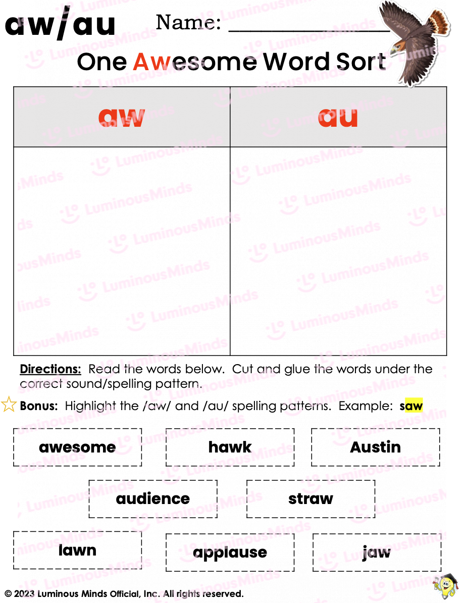 One Awesome Word Search Phonics Activity Word Sort With AW And AU One Awesome Word Search Phonics Activity Word Sort With AW And AU