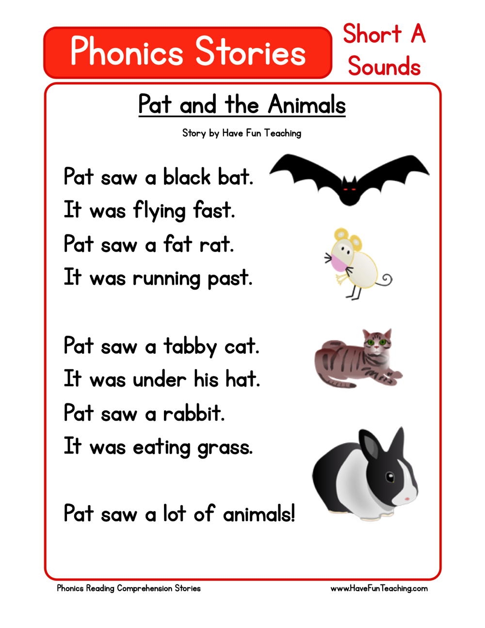 Pat And The Animals Phonics Reading Comprehension Story Worksheet