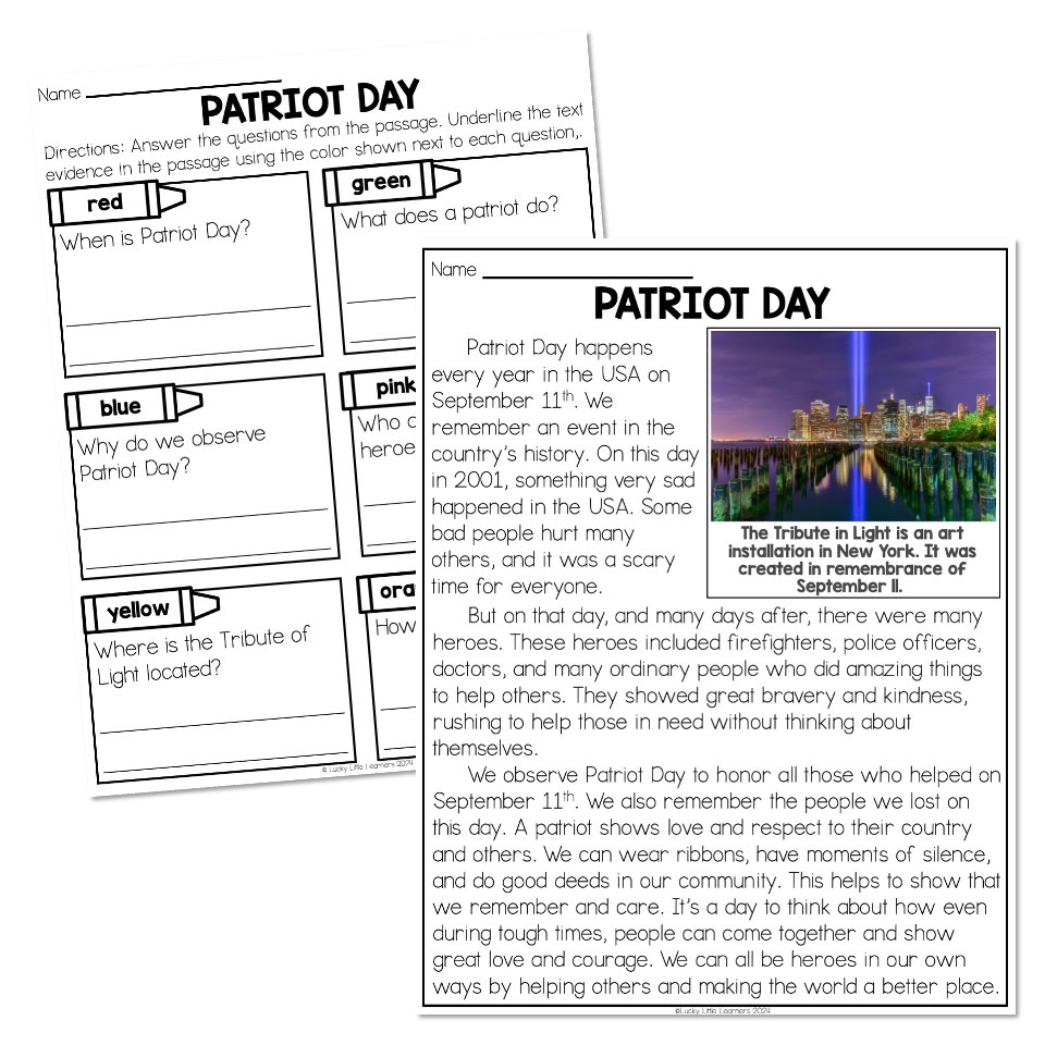 Patriot Day September 11 Nonfiction Reading Passage And Questions Lucky Little Learners