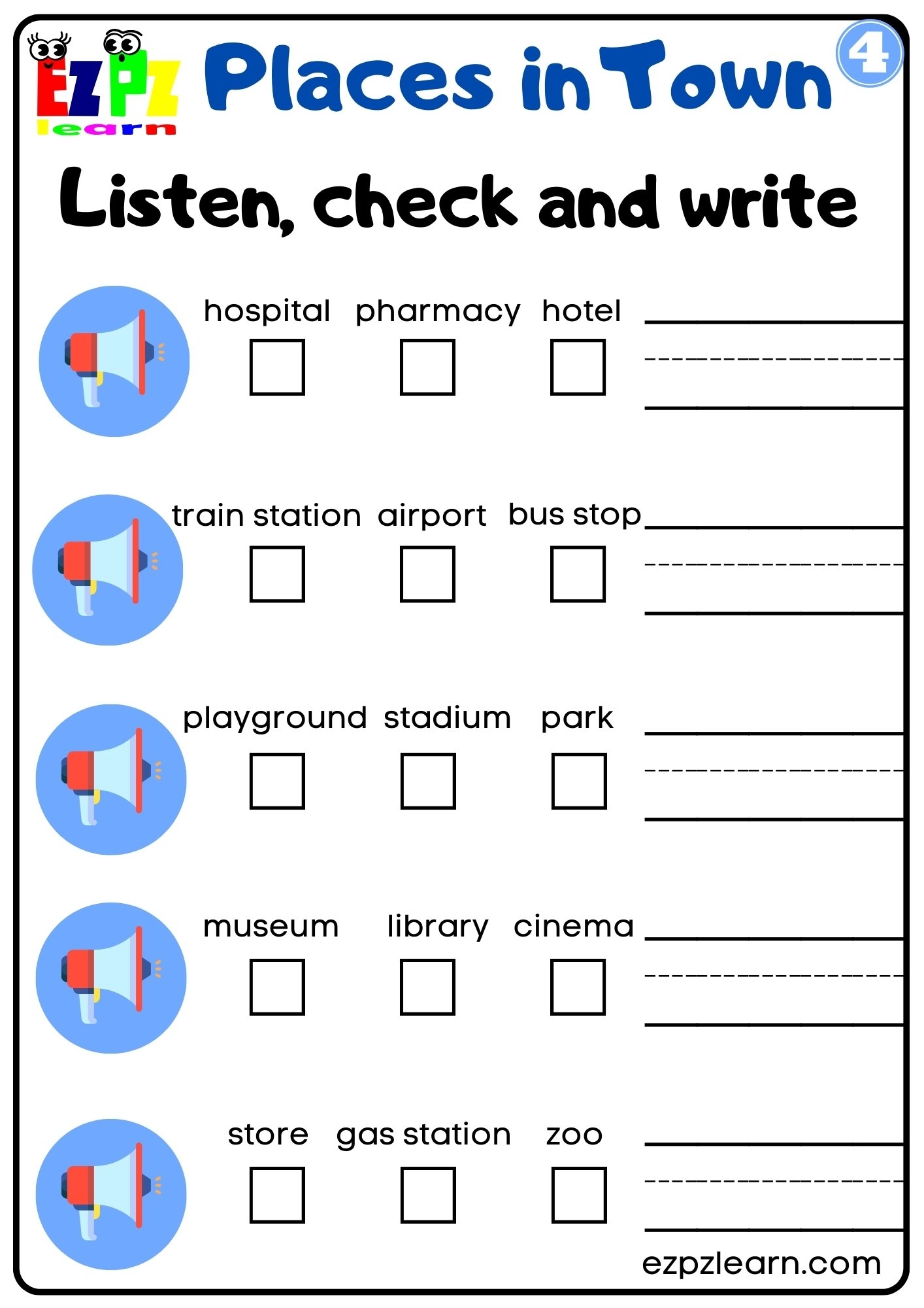 Places In The City Vocabulary Interactive Worksheet Listen Check And Write The Words Activity For Home Schooling Kindergarten And ESL Students G4 Ezpzlearn