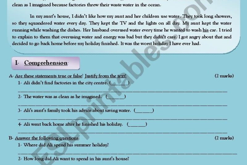 Pollution Reading Comprehension Worksheet
