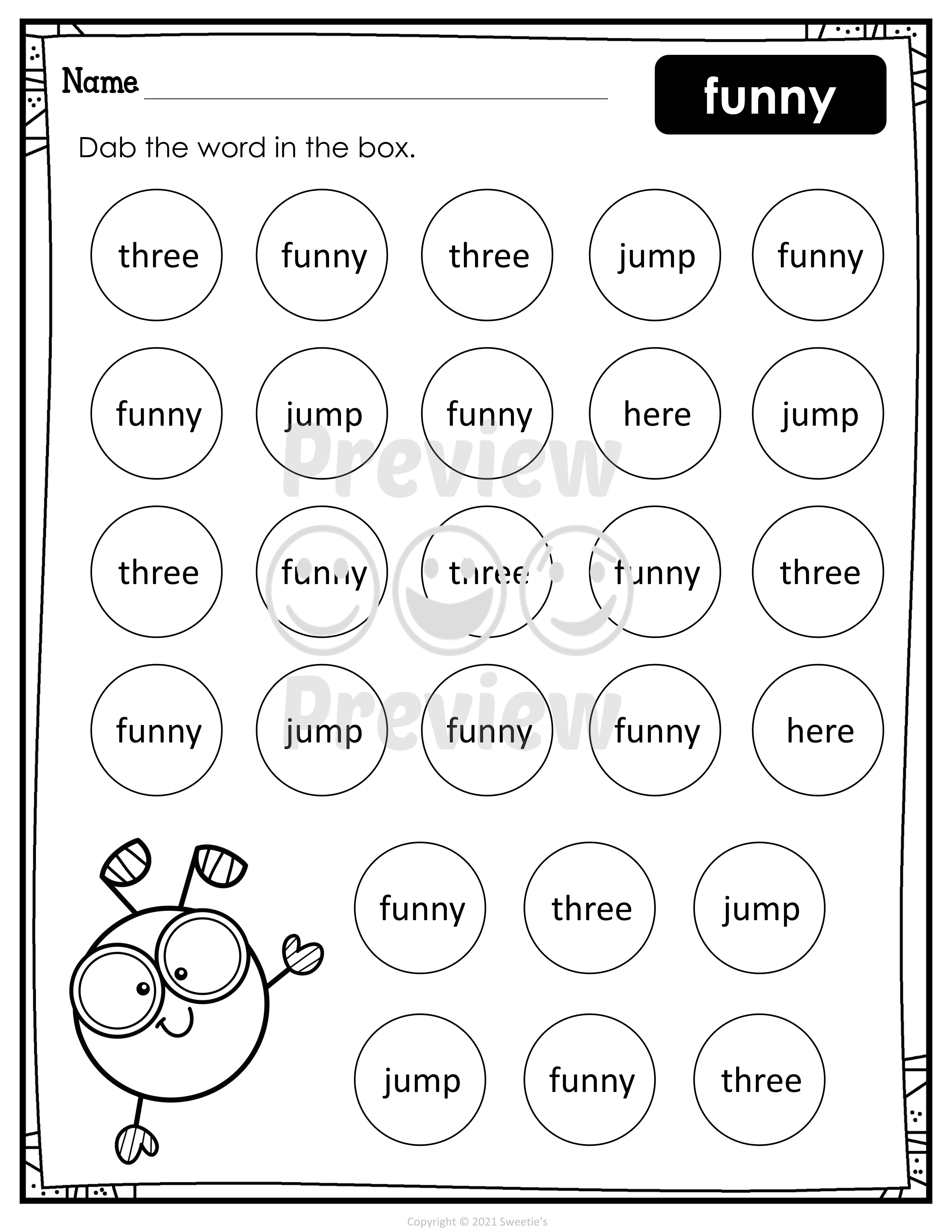 Prekindergarten Sight Word Bingo Dabber Worksheets Classful