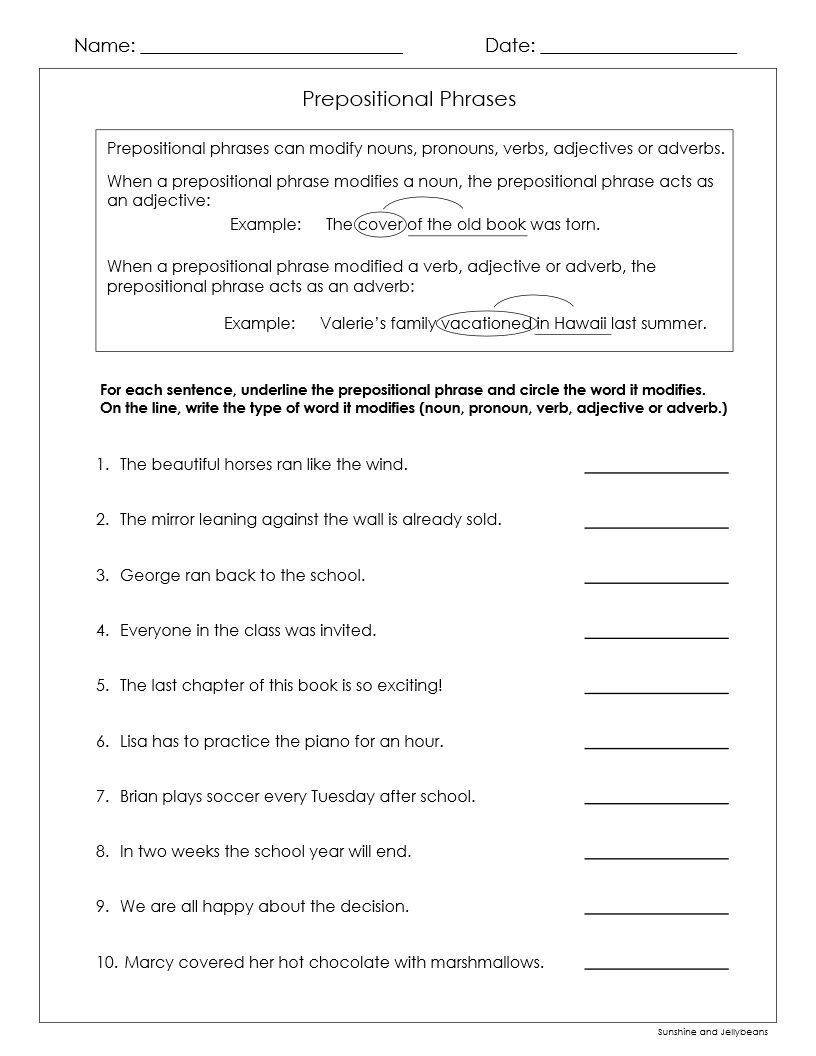 Prepositions Prepositional Phrases 6 Worksheets Grades 4 5 6 CCSS Made By Teachers