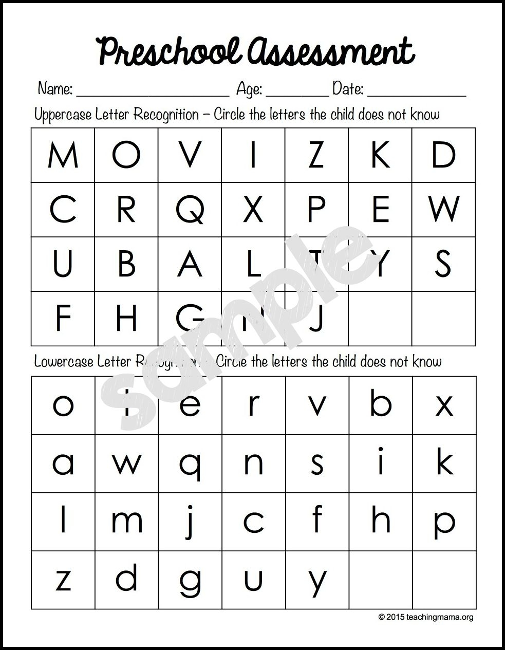 Preschool Assessment Printable Free