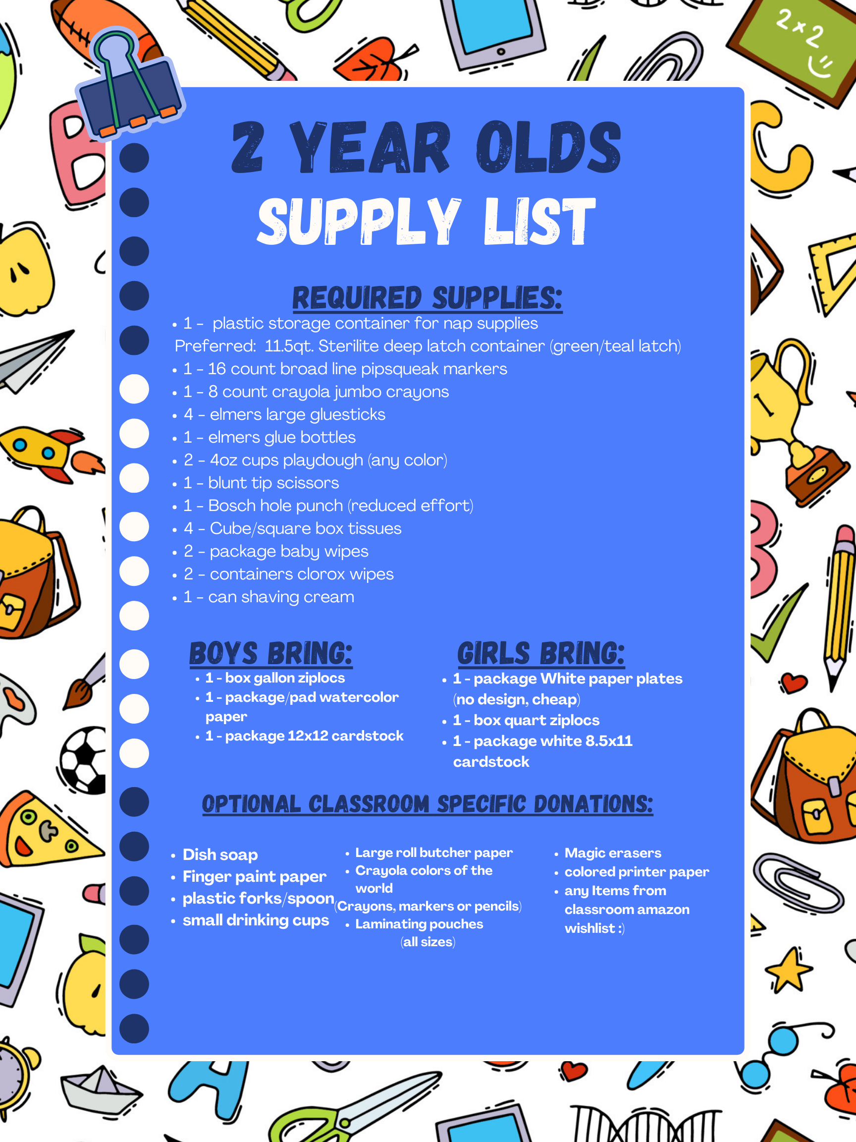 Preschool School Supplies Bethany Lutheran Church And School