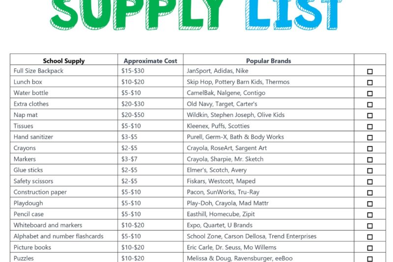 Printable Preschool Supply List